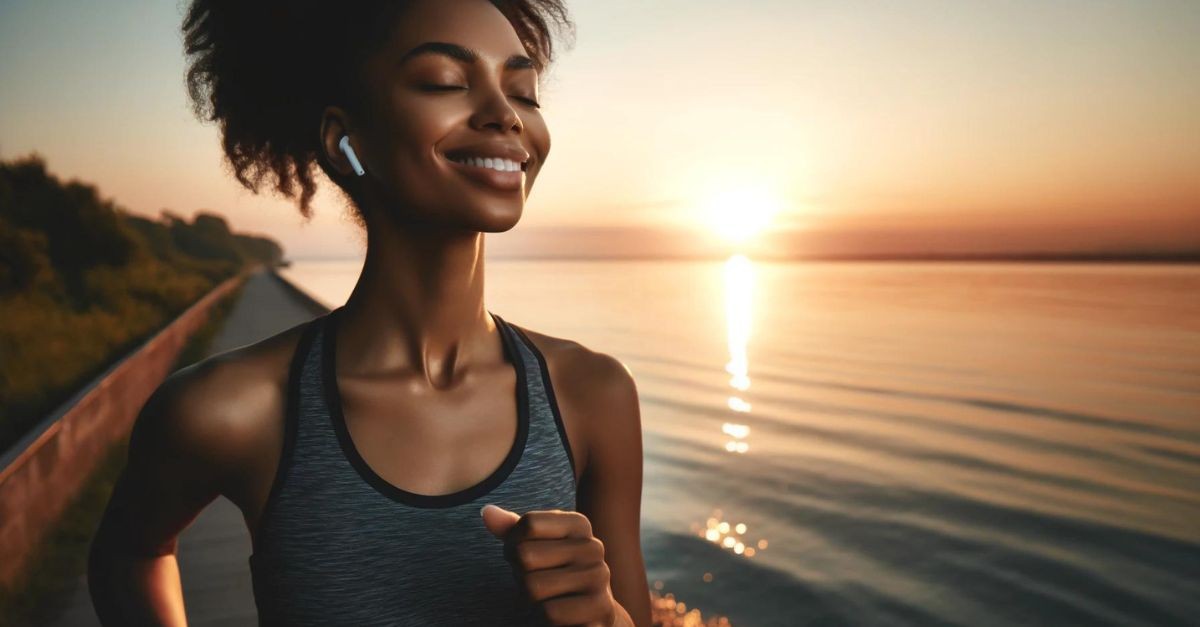 Woman running at sunrise;