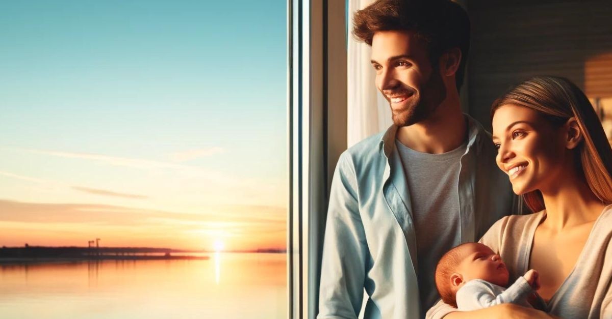 Husband and wife with newborn looking out the window at the sunrise over the water.