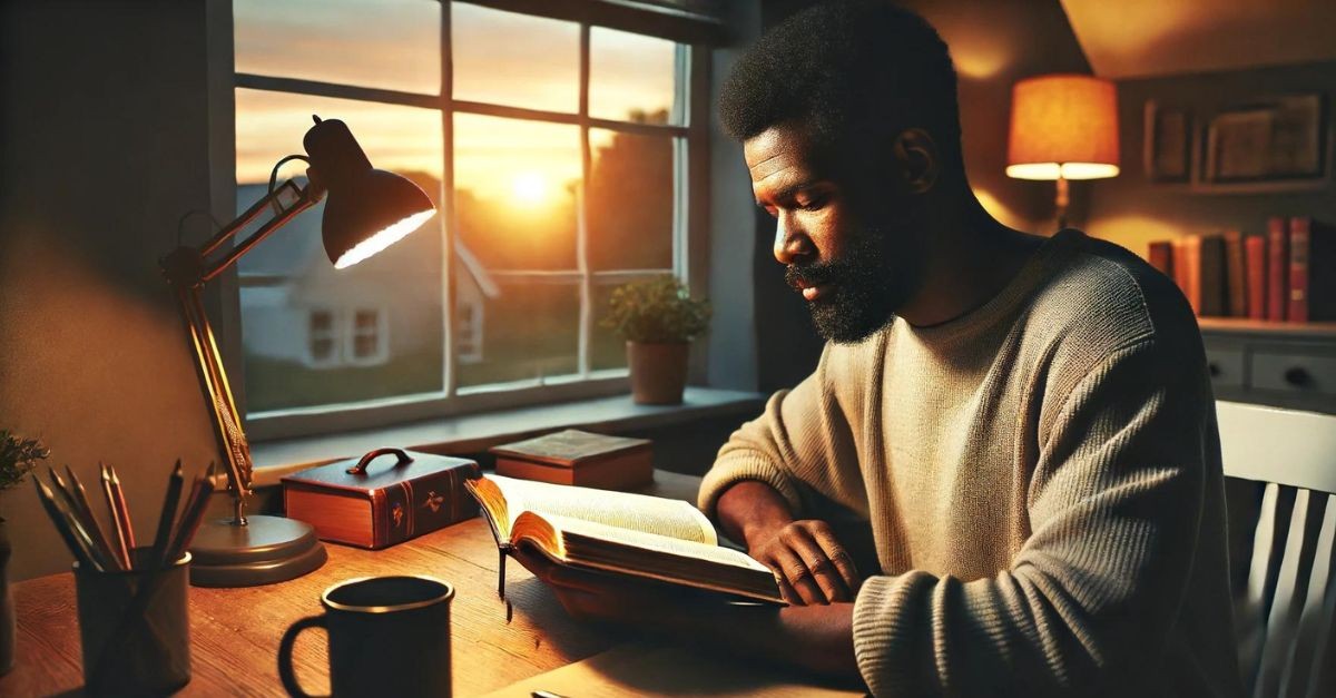 Man reading the Bible at dawn; what is a godly man?